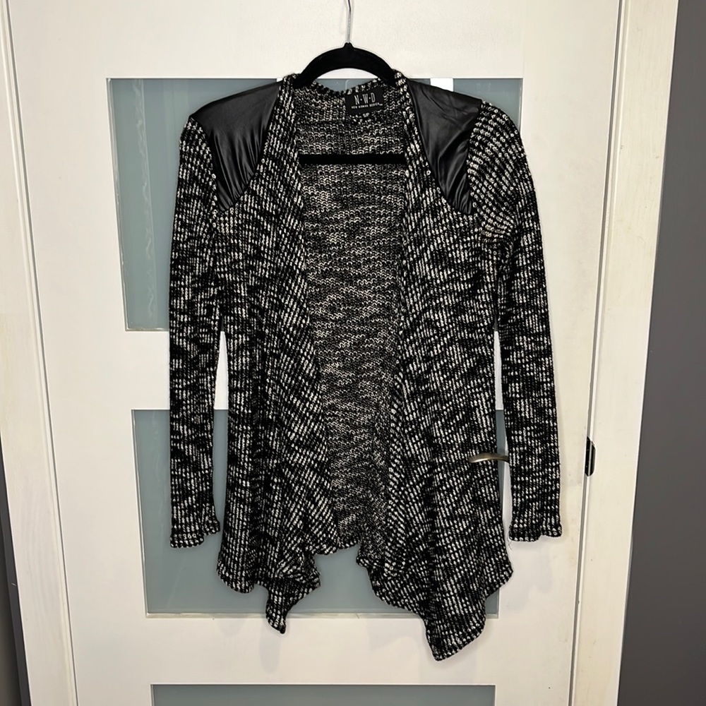 Black and white cardigan with leather “look” shoulders
